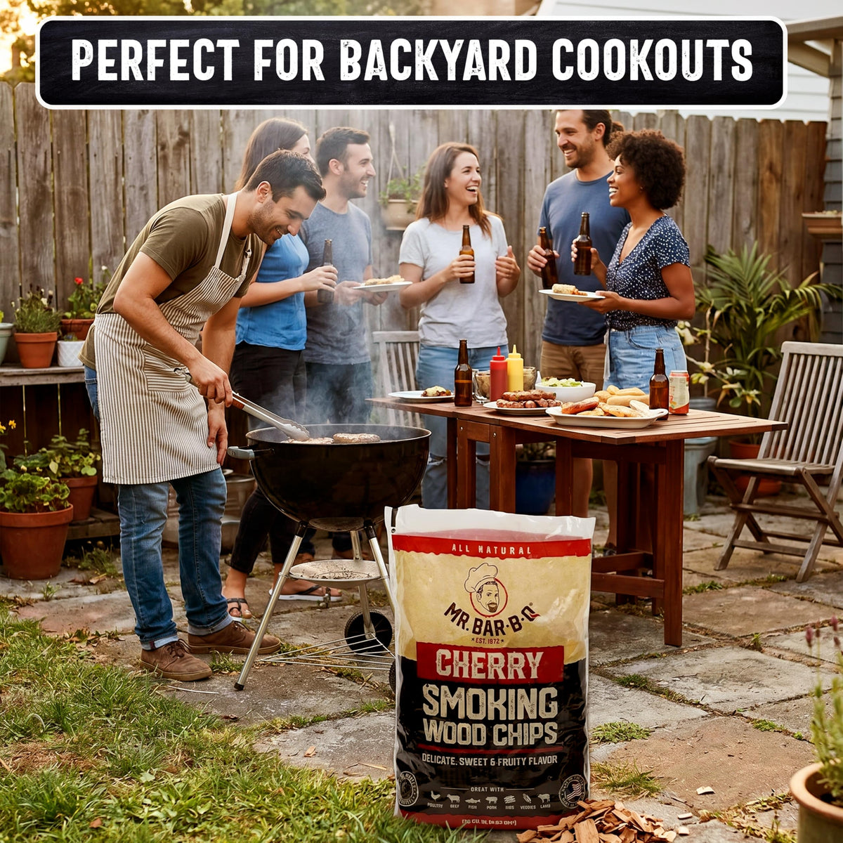 Mr Bar-B-Q cherry wood smoker chips in smoker creating sweet smoke