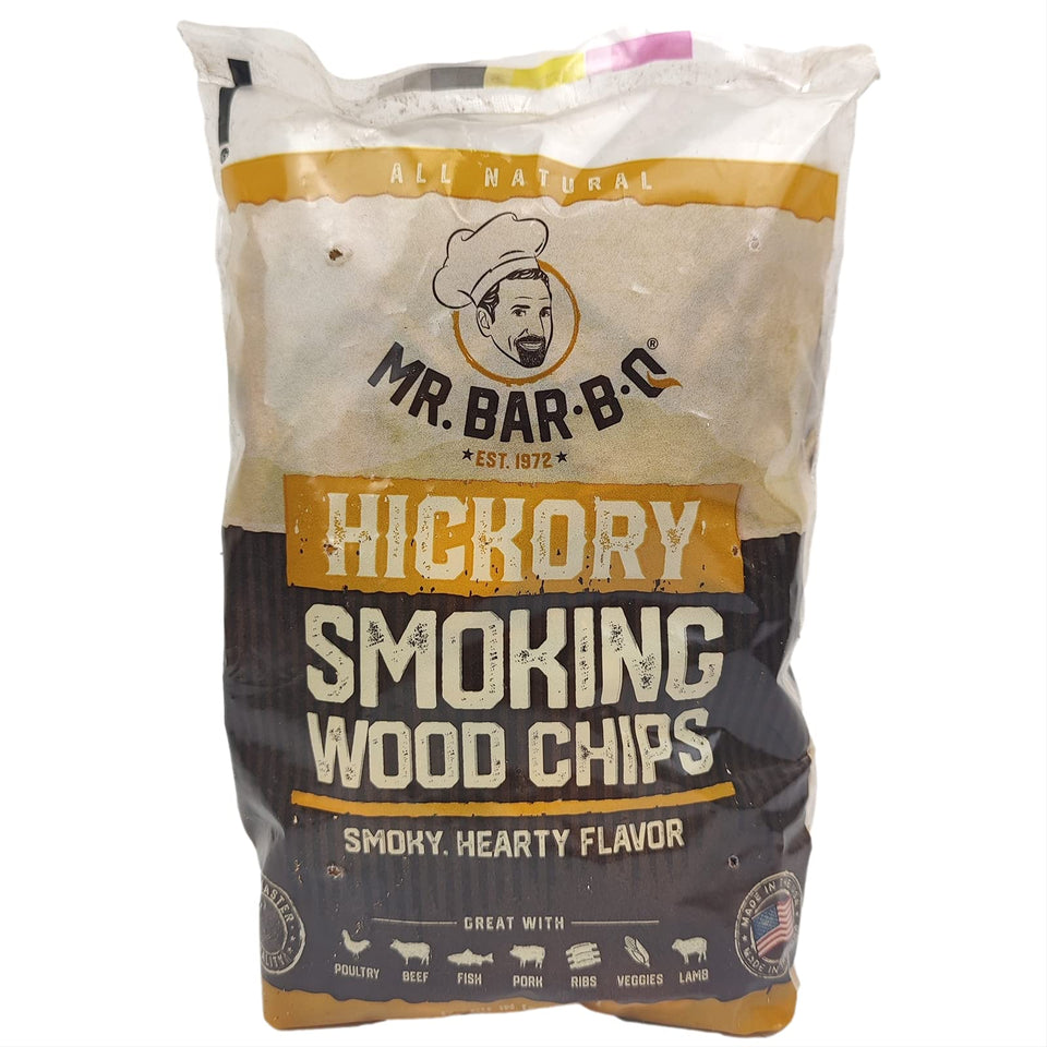 Mr Bar-B-Q Hickory chips bag front showing natural packaging and 1.6 lb size for bold smoky grilling
