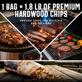 Mr Bar-B-Q Hickory chips on charcoal grill delivering deep authentic smoke