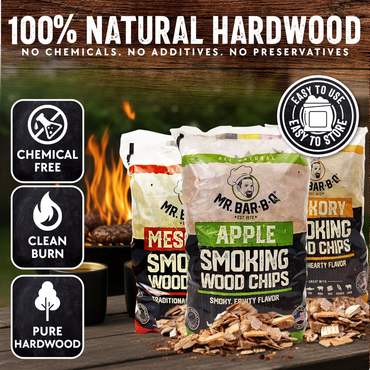 Mr. Bar-B-Q Hickory chips bag for deep, classic BBQ flavor on ribs.