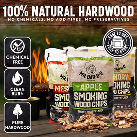 Mr. Bar-B-Q Hickory chips bag for deep, classic BBQ flavor on ribs.