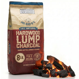 Mr. Bar-B-Q lump charcoal bag ready for outdoor grilling with a clean burn