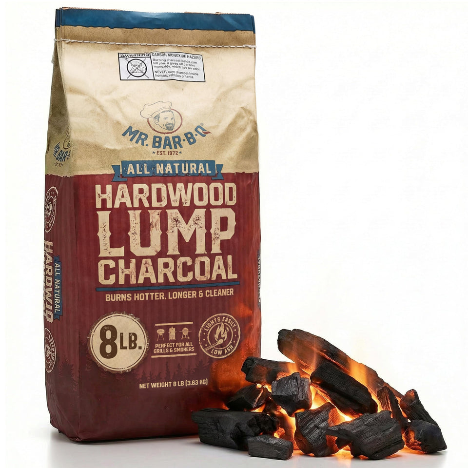 Mr. Bar-B-Q lump charcoal bag ready for outdoor grilling with a clean burn