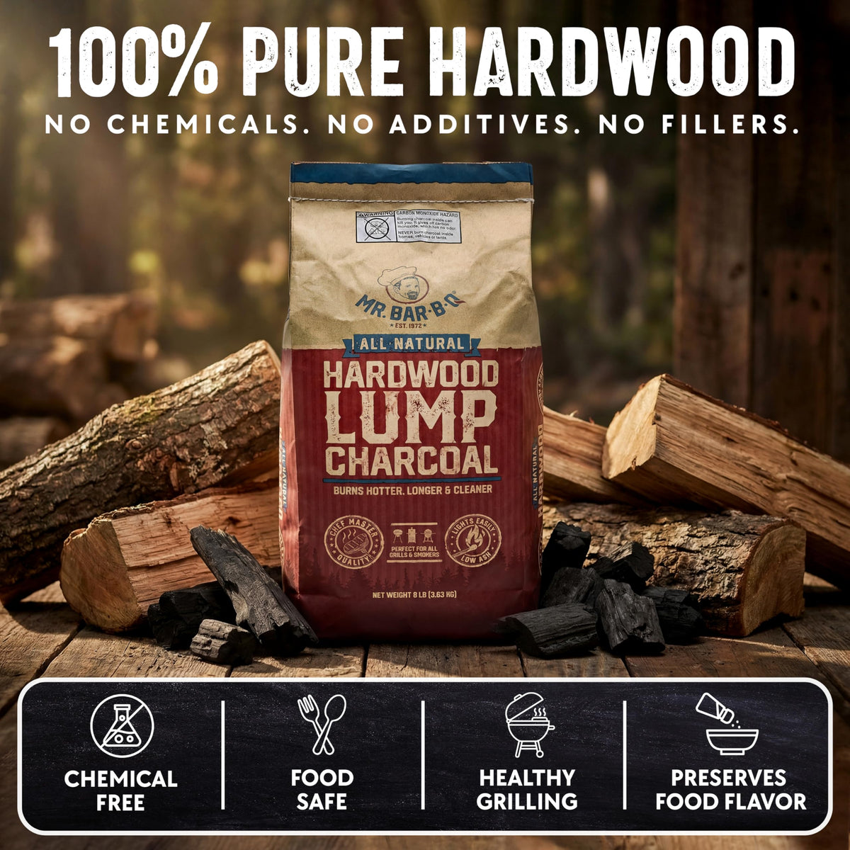 Mr. Bar-B-Q lump charcoal burns hot for searing and long cooks