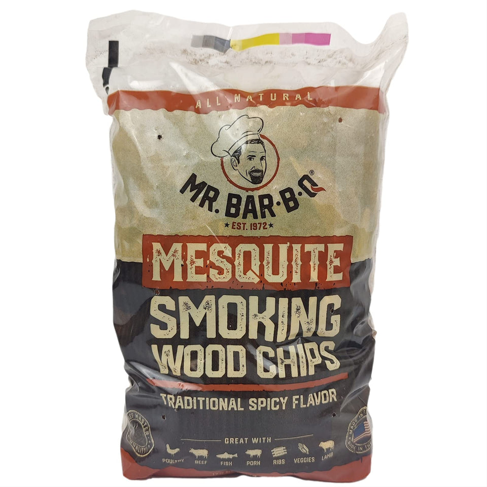 Mr. Bar-B-Q Mesquite Smoking Chips bag front, ideal for backyard grilling with authentic aroma