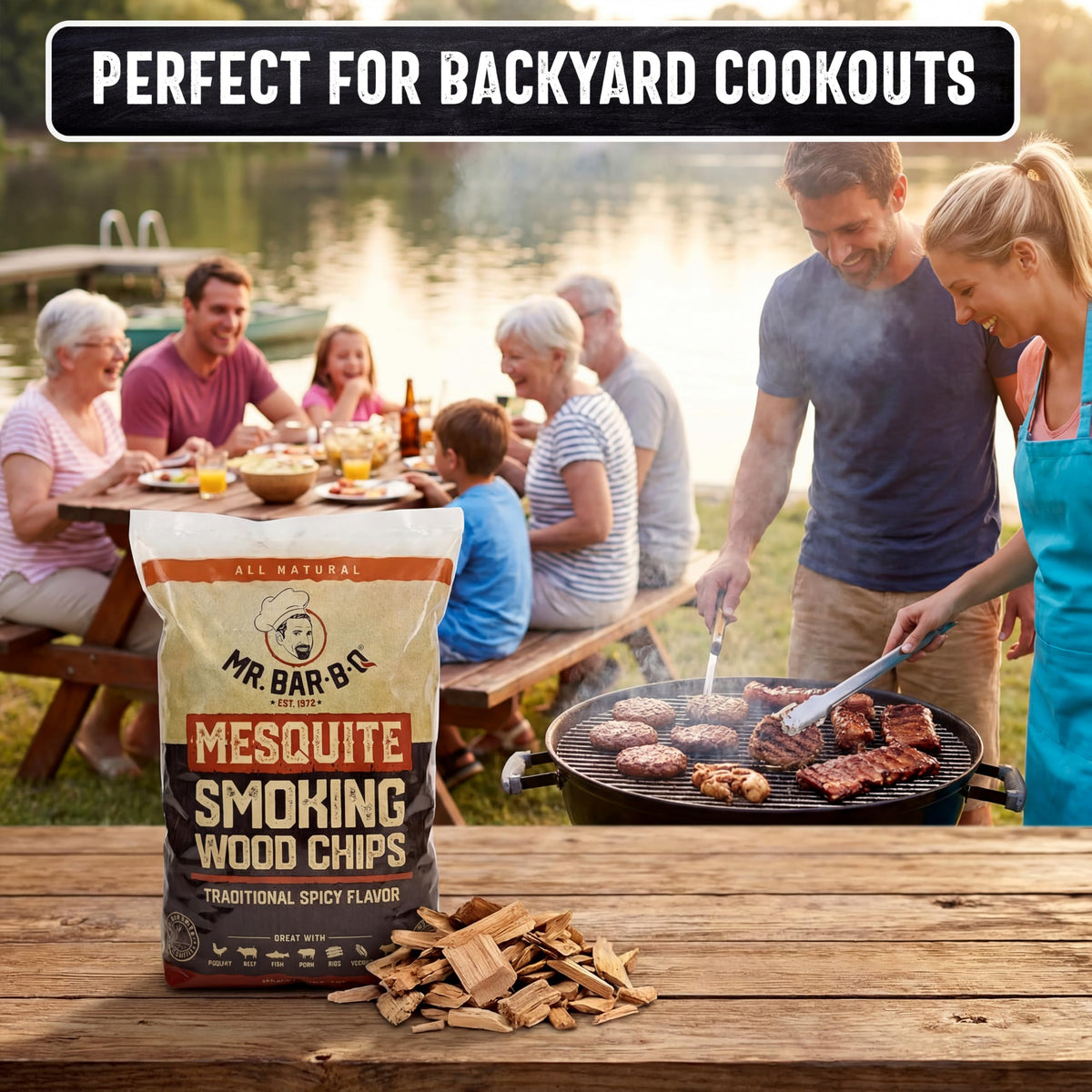 Open bag of Mr. Bar-B-Q Mesquite Smoking Chips ready to scoop