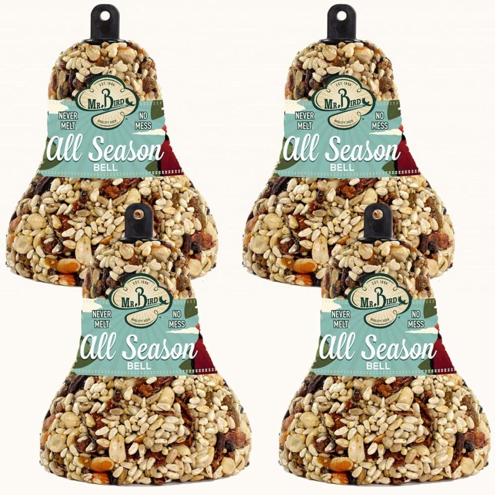 Mr. Bird All Season Fruit and Nut Seed Bell package shot shows 4-pack and year-round appeal.