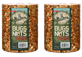 Mr. Bird Bugs Nuts Fruit cylinder in a feeder, ideal for year-round backyard bird viewing.