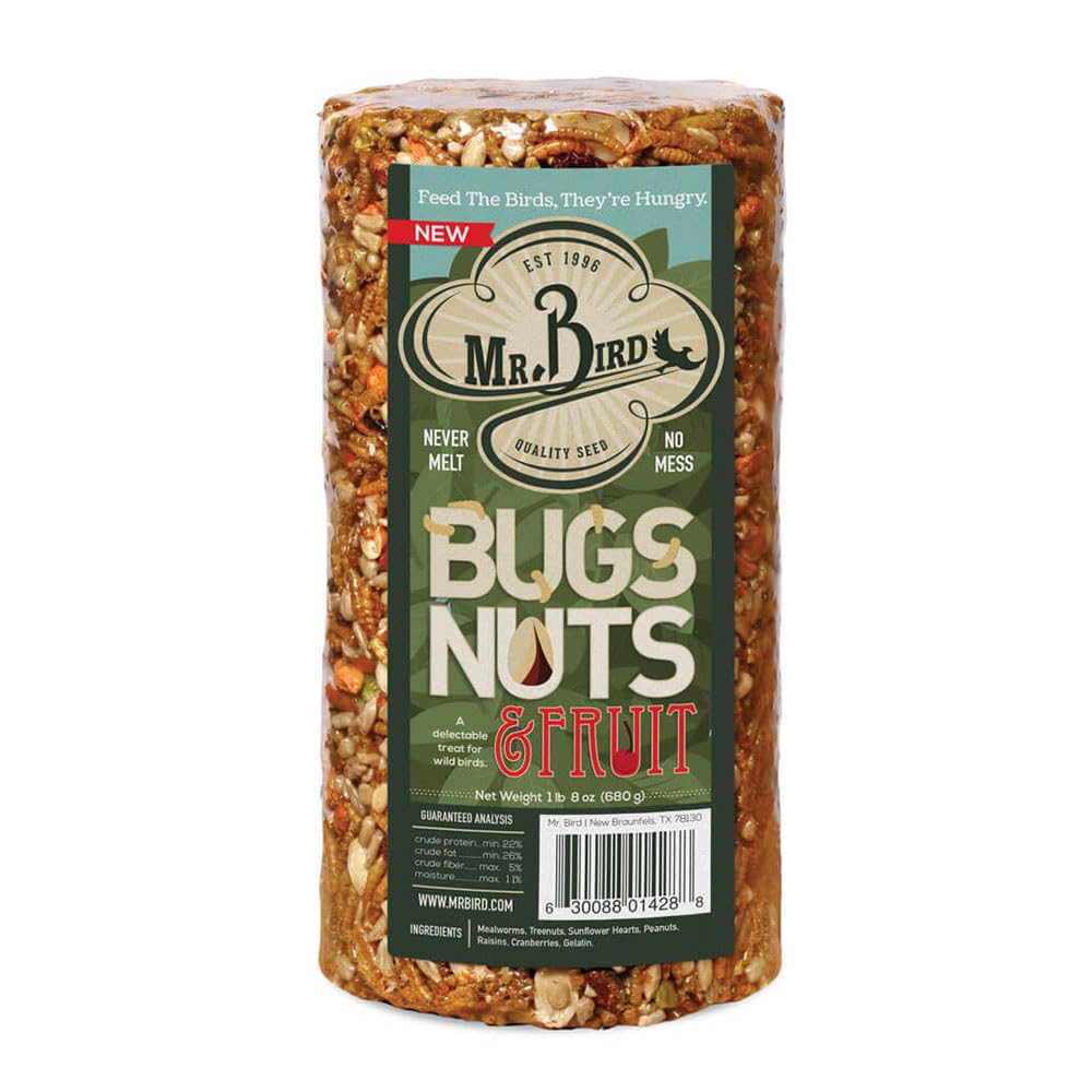 Mr Bird's Bugs Nuts and Fruit Cylinder Block 24 oz fuels backyard birds with energy