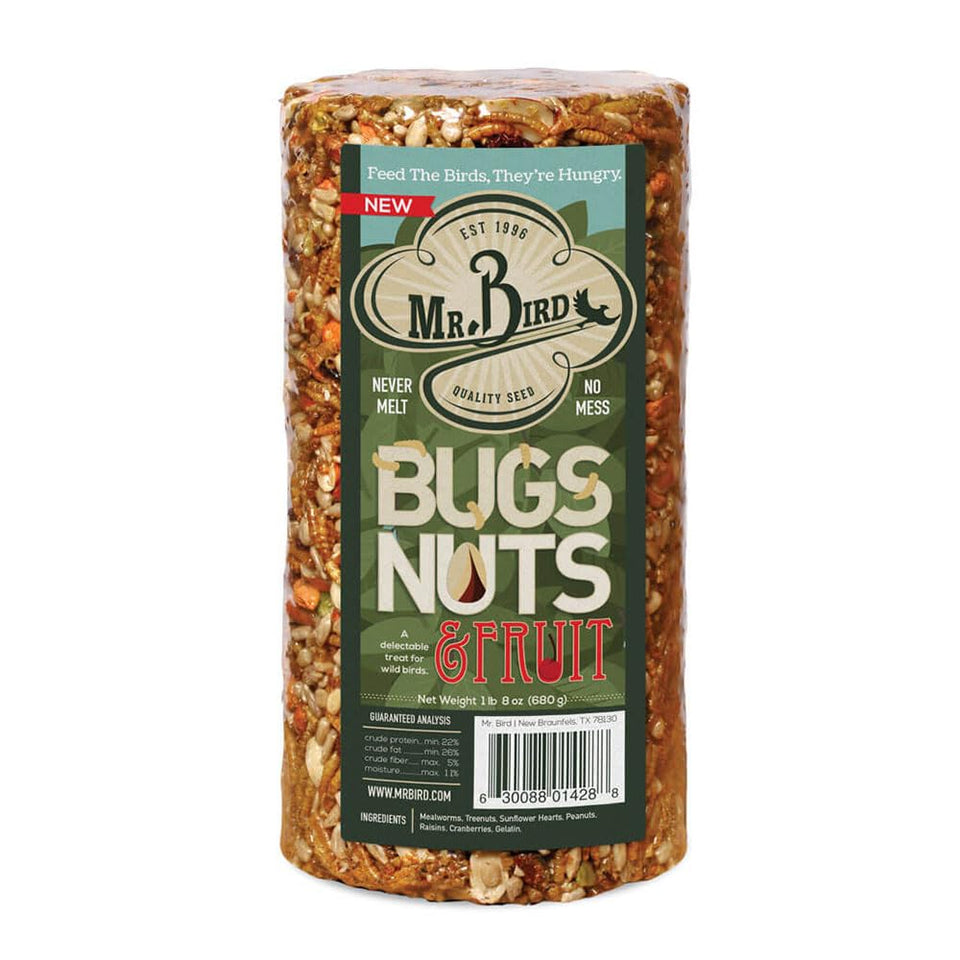 Mr Bird's Bugs Nuts and Fruit Cylinder Block 24 oz fuels backyard birds with energy