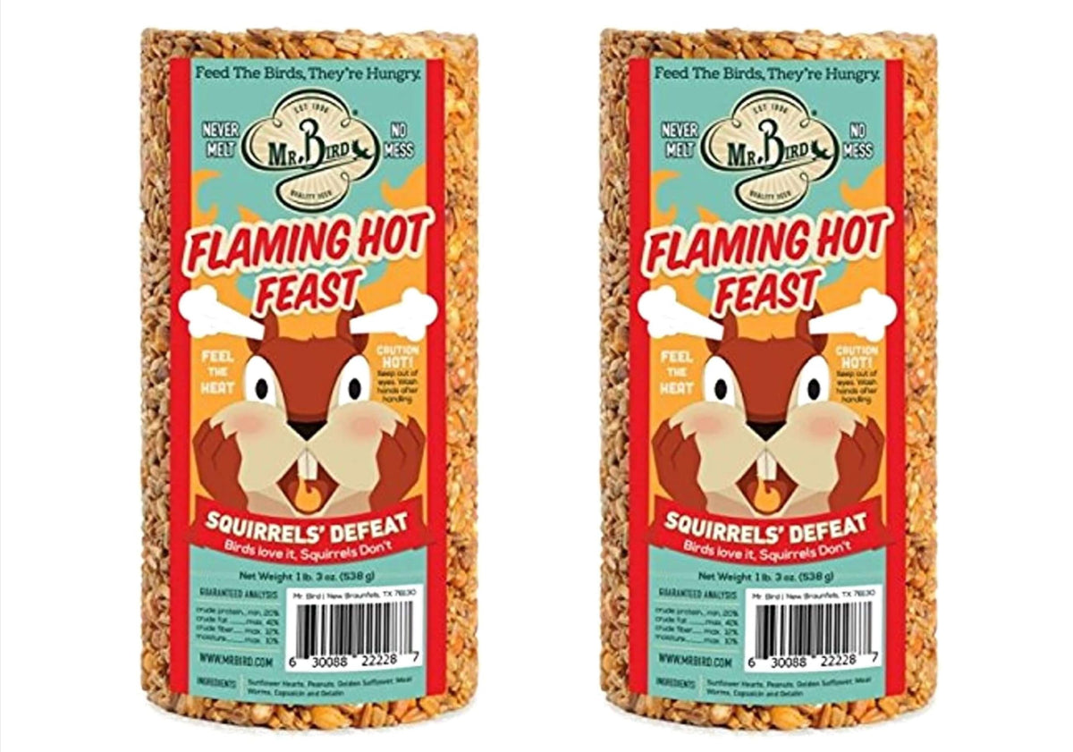 Mr. Bird Flaming Hot Feast cylinder block in a feeder attracts a variety of birds.