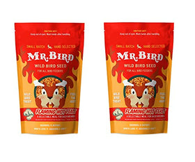 Mr. Bird Flaming Hot Feast seed bag – close-up of spicy mix attracting wary backyard birds