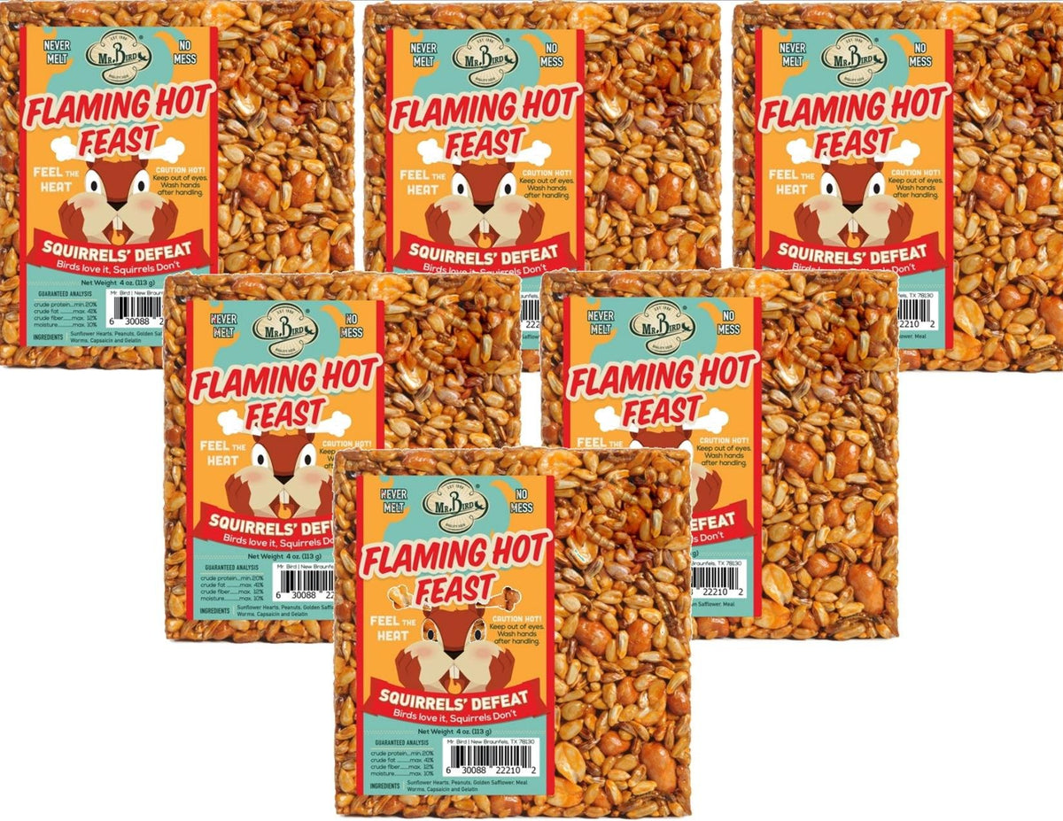 Mr. Bird Flaming Hot Feast seed cake mounted on a cylinder feeder attracts diverse birds.