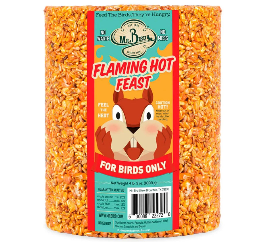 Mr. Bird Flaming Hot Feast seed cylinder on a feeder attracts birds quickly