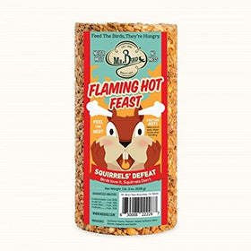 Close-up of Mr. Bird Flaming Hot Feast cylinder showing seed mix for quick bird attraction.