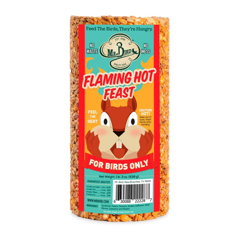 Mr. Bird Flaming Hot Feast packaging attracts birds and deters squirrels.