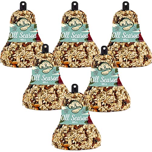 Mr. Bird fruit-nut bell hanging attracts diverse backyard birds with a tidy, mess-free setup.
