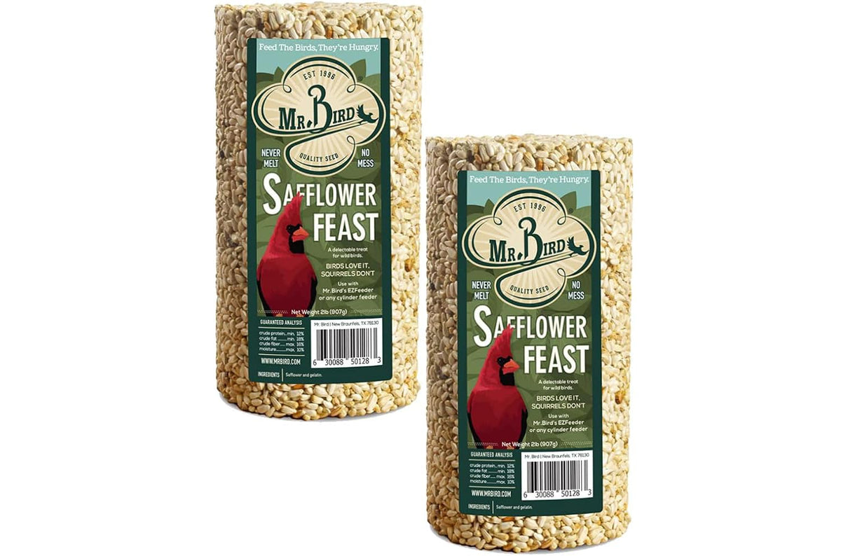 Mr. Bird Safflower Feast cylinder on feeder attracts cardinals and blue jays, deterring squirrels.