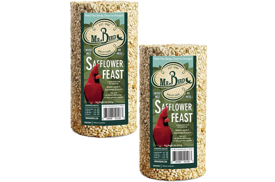 Mr. Bird Safflower Feast cylinder on feeder attracts cardinals and blue jays, deterring squirrels.
