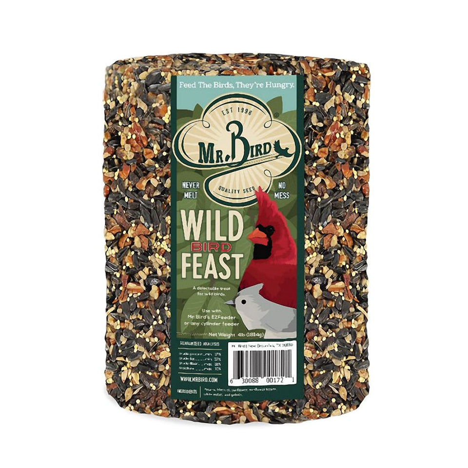 Mr. Bird Wild Bird Feast seed cylinder ready for year-round feeding, designed for clean use.