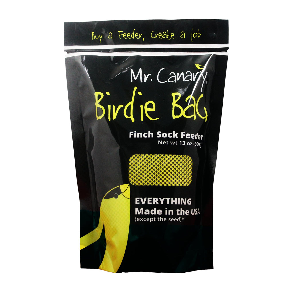 Mr. Canary Birdie Bag Nyjer sock feeder in yellow attracts goldfinches and songbirds