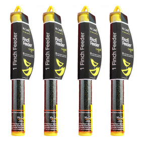 Mr. Canary finch-tube-feeders-4pack on branch attracts goldfinches.