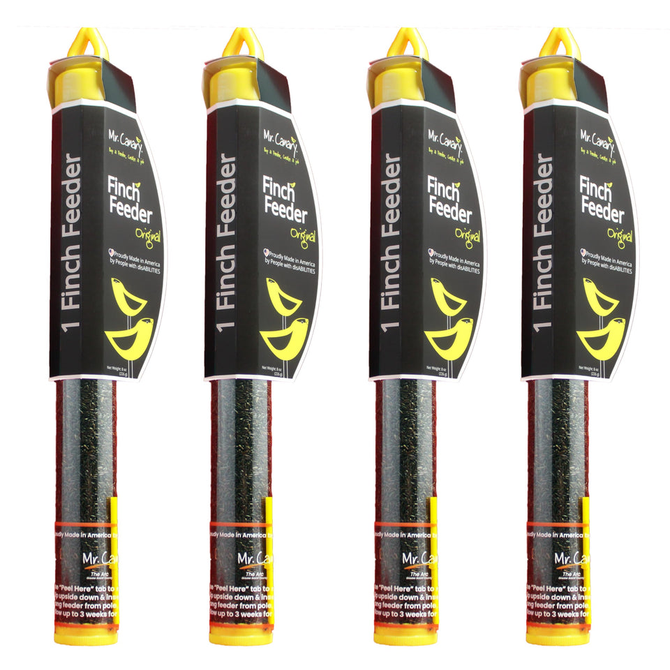 Mr. Canary finch-tube-feeders-4pack on branch attracts goldfinches.