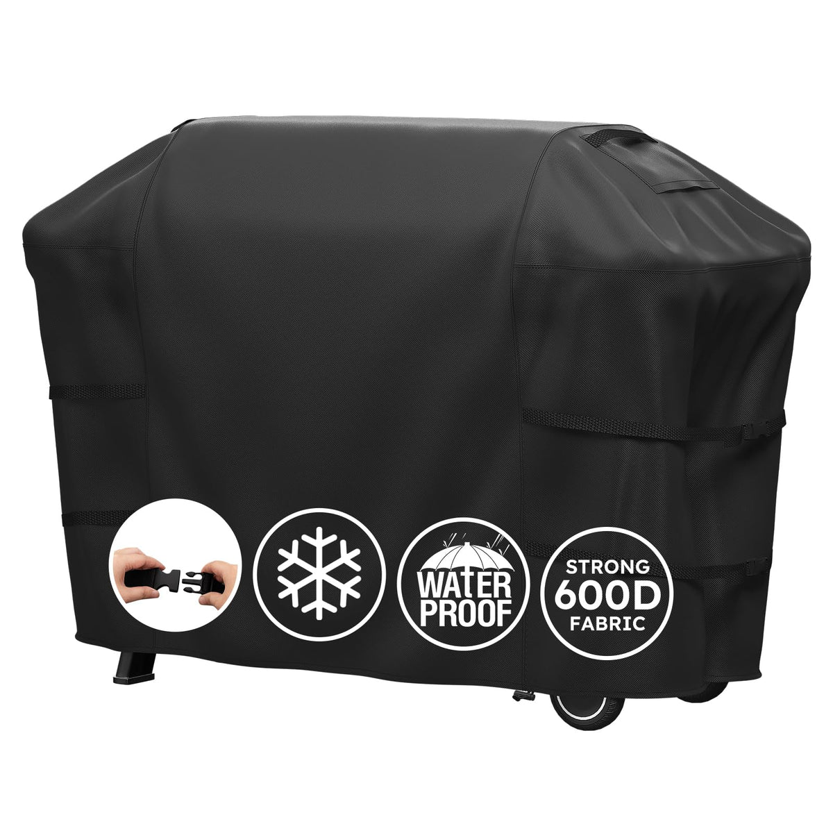 MR. COVER 63-inch grill cover fitted over Weber Genesis 300 Series for secure protection.