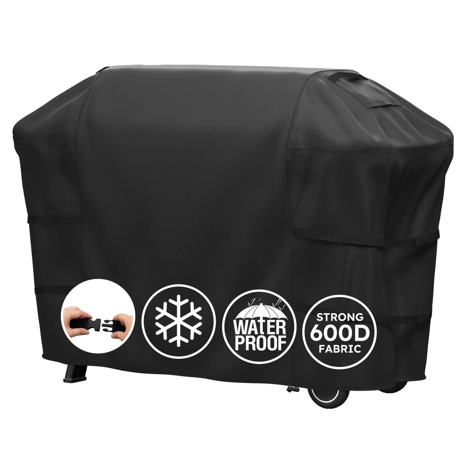 MR. COVER 63-inch grill cover fitted over Weber Genesis 300 Series for secure protection.