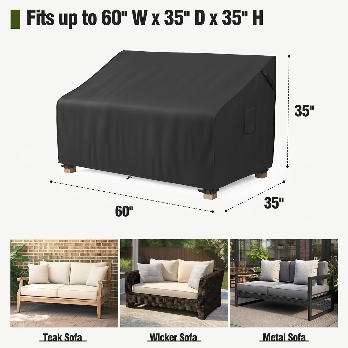 MR. COVER outdoor sofa cover with heavy-duty stitching resists tearing.