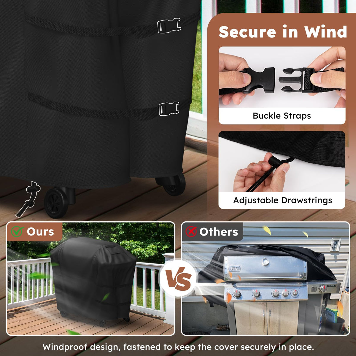MR. COVER windproof buckles and drawstring keep the cover secured in windy spaces.