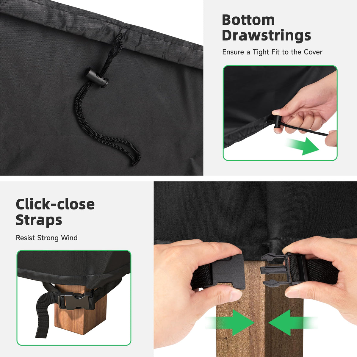 MR. COVER windproof buckles and drawstrings keep the cover in place