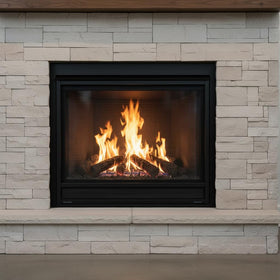 Mr. Fireglass lava rock used as fireplace enhancement with natural dark finish.