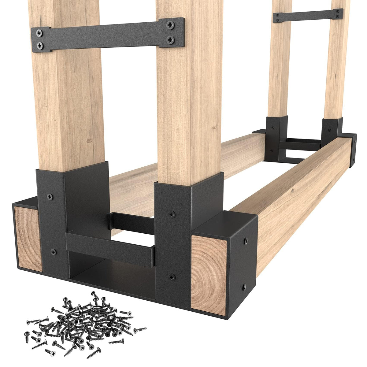 Mr IRONSTONE firewood rack brackets on an outdoor porch, ready to organize and dry wood