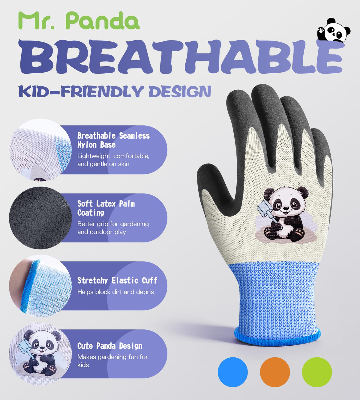 Mr. Panda coated-palm-fingers gloves provide reliable grip in damp soil