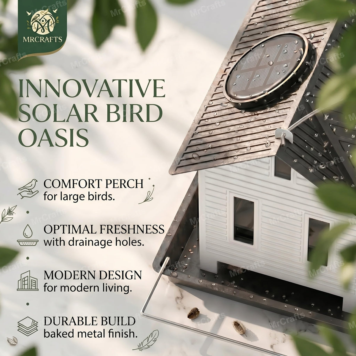 Mrcrafts Bird Feeder Waterproof Coating protects from rain and snow.