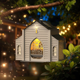 MrCrafts Nature church-shaped bird feeder with solar light, front view for evening foraging