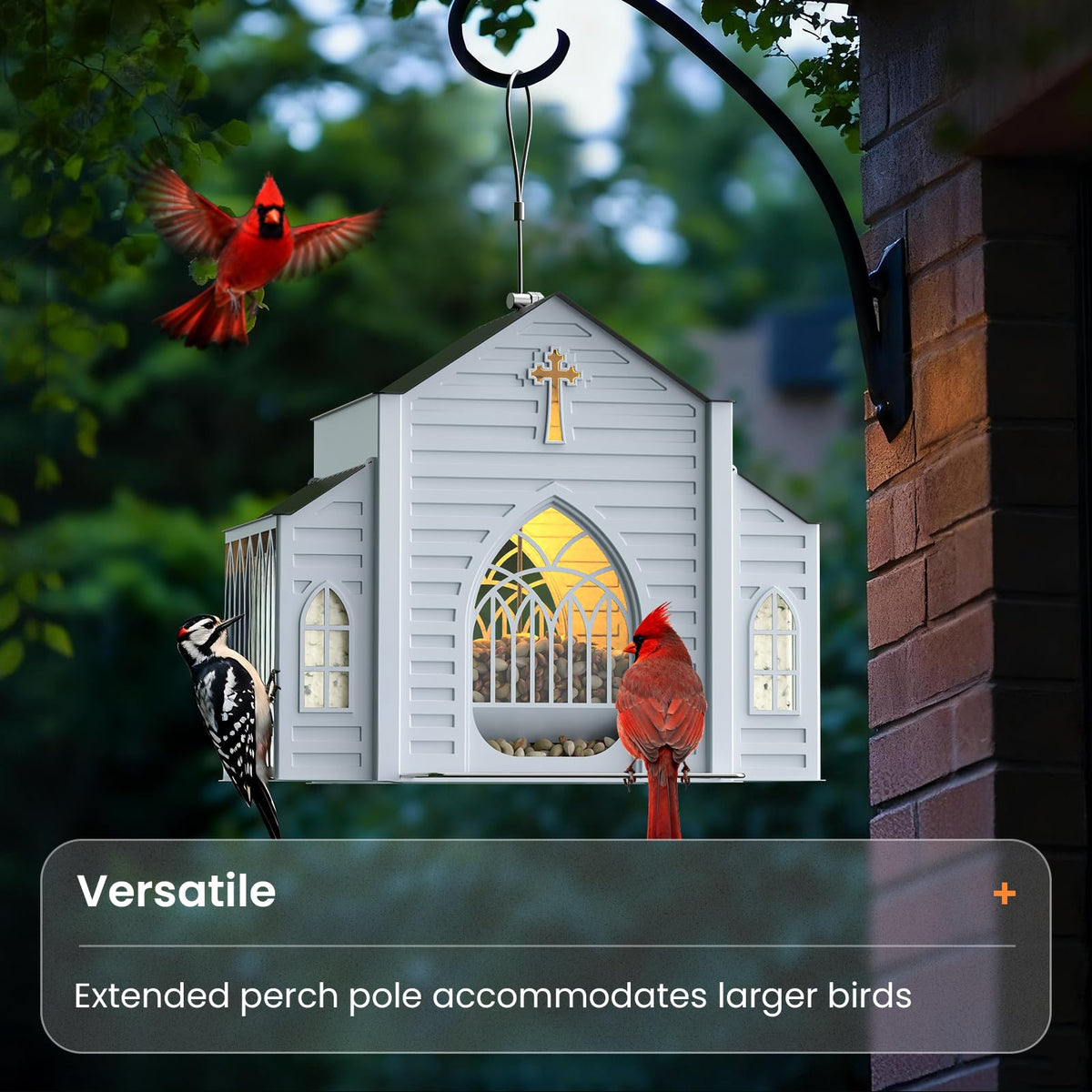 MrCrafts Nature church-shaped feeder with solar panel top view, daytime charging powers overnight light