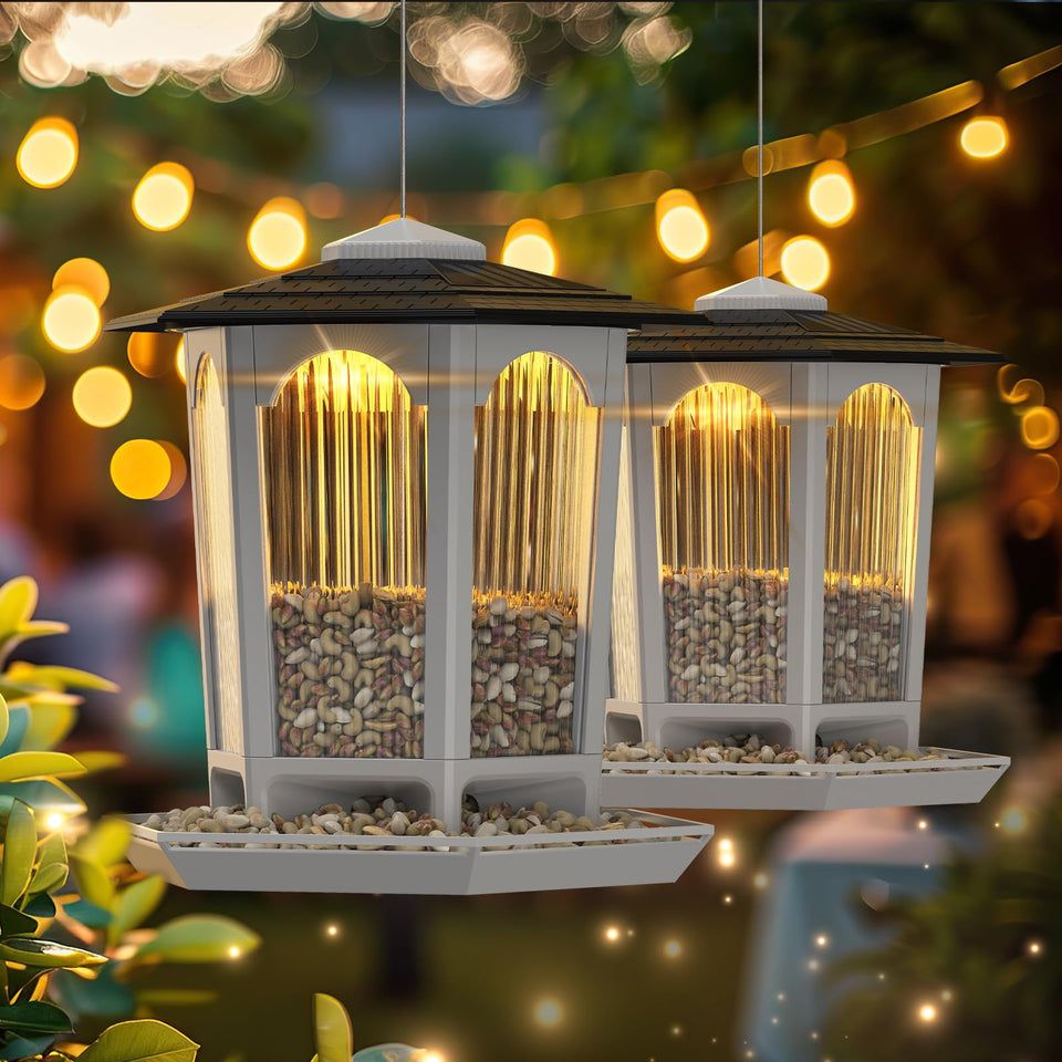 MrCrafts Nature solar bird feeder hanging outdoors showcasing minimalist design for yard decor