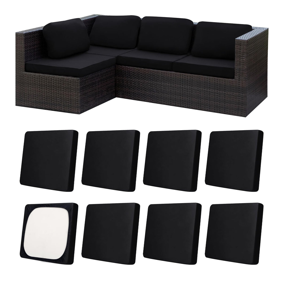 MRGSDL 8Pcs patio cushion covers in black for outdoor protection.