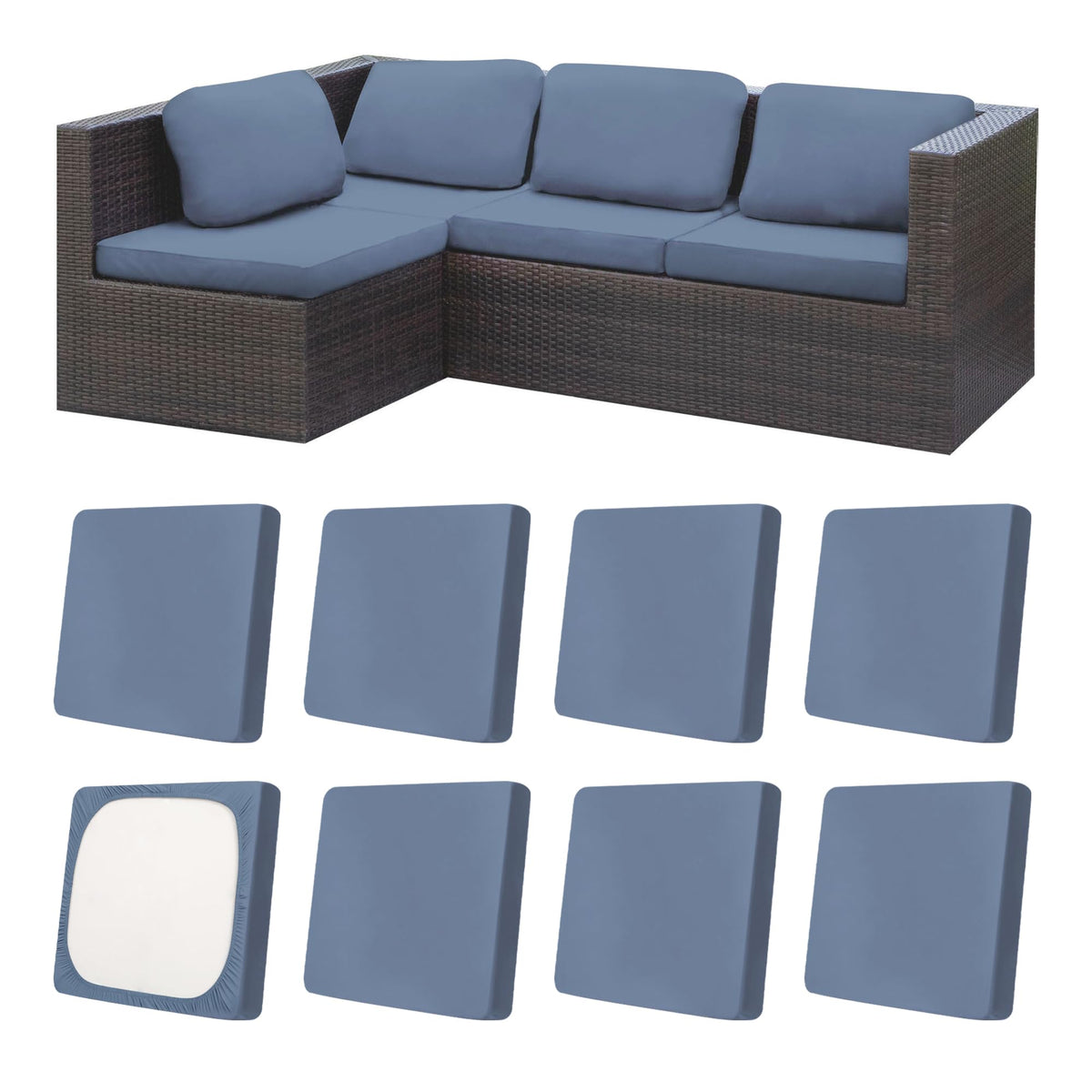 MRGSDL 8Pcs patio cushion covers grey-blue closeup shows durable stretch and soft touch