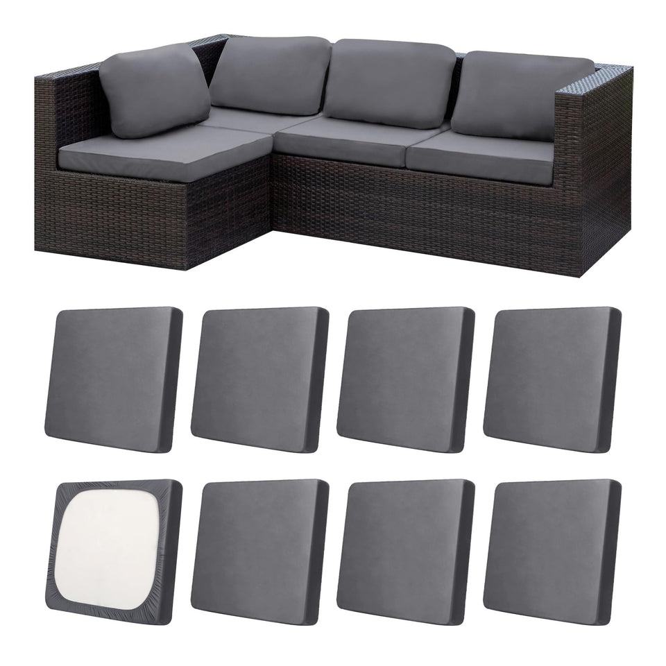 MRGSDL grey patio cushion covers, front view, durable stretch fit for outdoor sofas.
