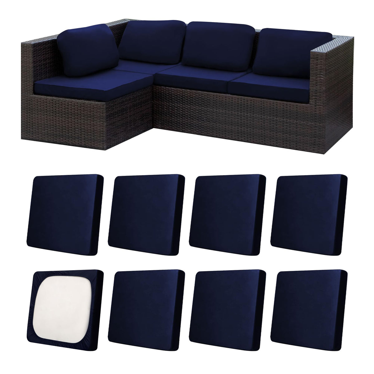 MRGSDL navy blue stretch cushion covers protecting outdoor furniture