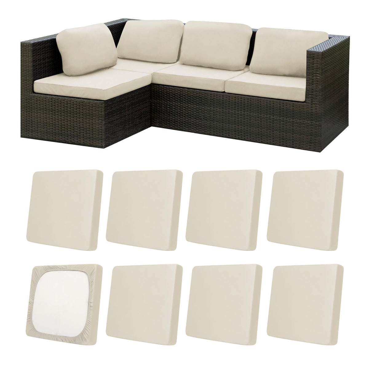 MRGSDL outdoor cushion cover beige fabric close-up showing durable stretch material for a snug fit.