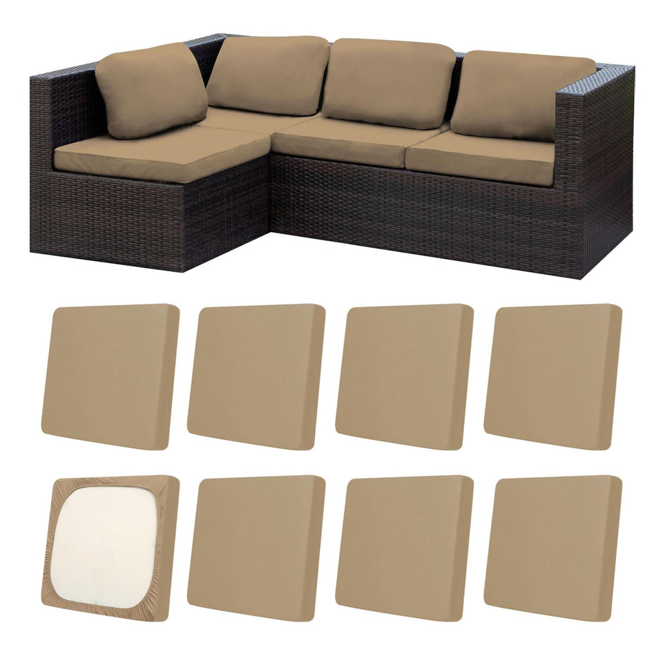 MRGSDL patio cushion cover khaki fabric close-up showing stretch fit for outdoor protection.