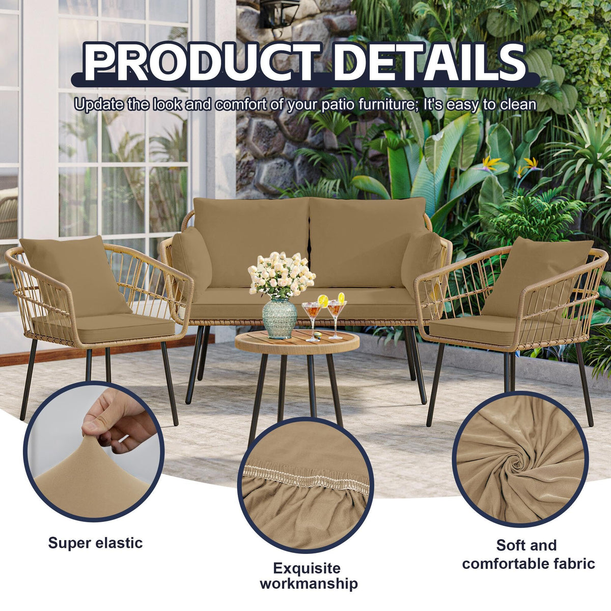 MRGSDL khaki cushion cover outdoors on sofa demonstrating easy-care, machine-washable material.