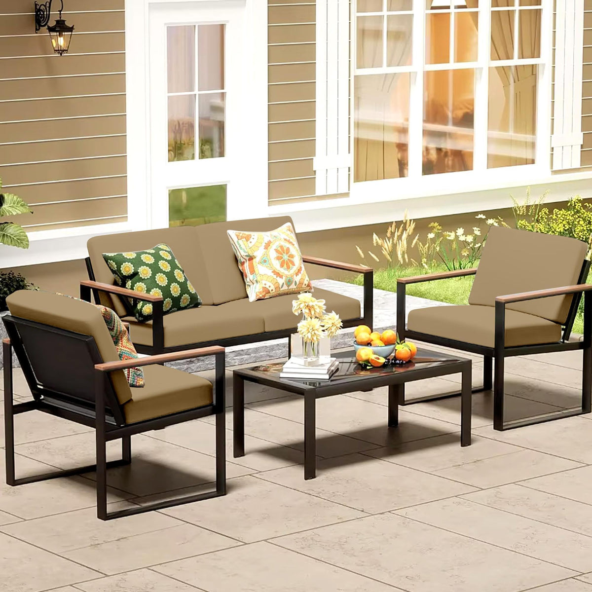 MRGSDL khaki cushion cover close-up highlighting durable, wrinkle-resistant fabric for outdoor spaces.