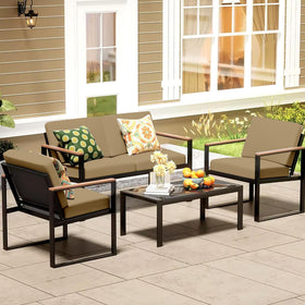 MRGSDL khaki cushion cover close-up highlighting durable, wrinkle-resistant fabric for outdoor spaces.