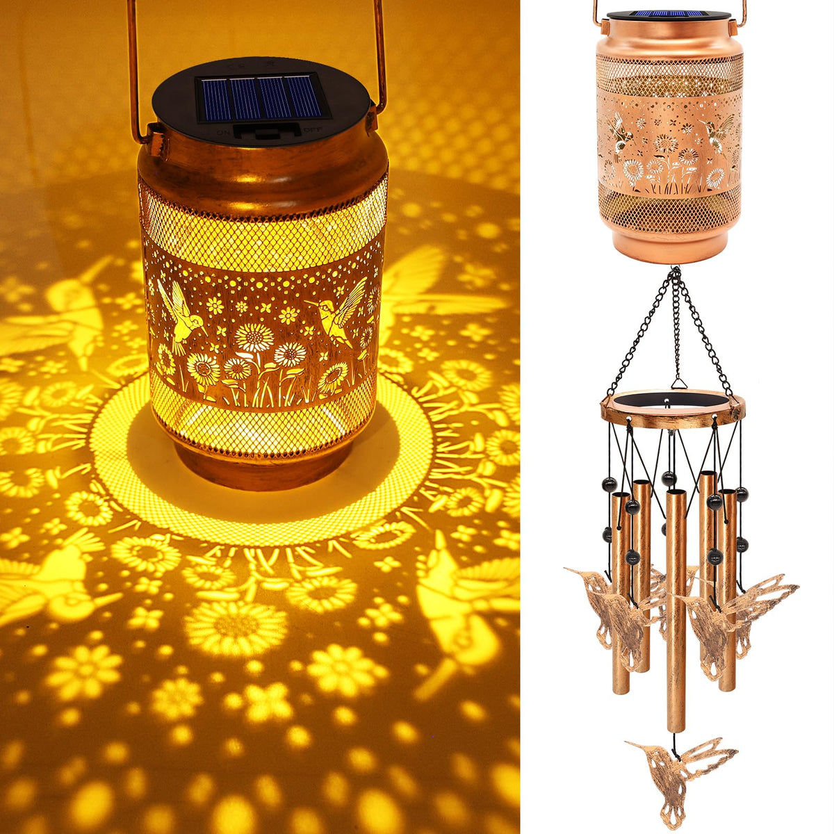 MRHEPHAESTUS hummingbird solar wind chime outdoor lantern adds ambient evening light.