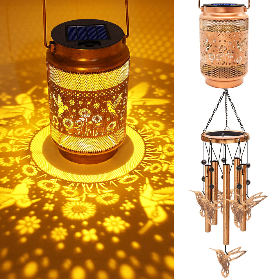 MRHEPHAESTUS hummingbird solar wind chime outdoor lantern adds ambient evening light.